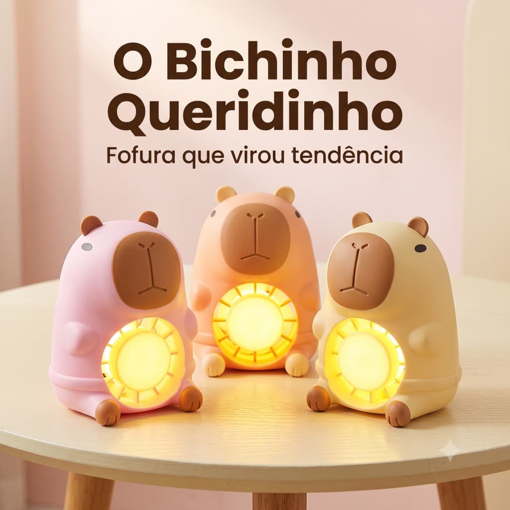 Mini Ventilador Capivara USB Recarregável com Luminária LED Luz Noturna Infantil Presente Decoração