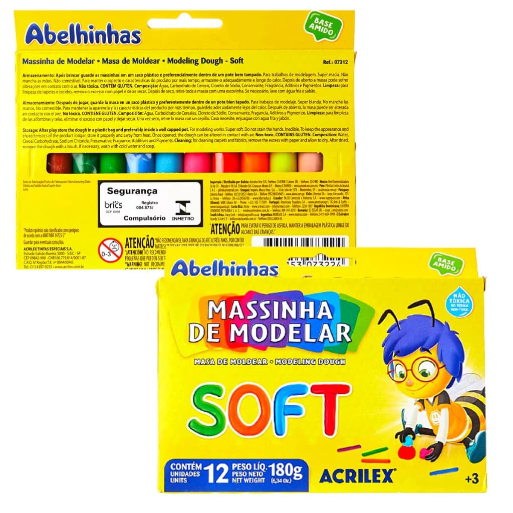 MASSA DE MODELAR COM 12 CORES ABELHINHAS SOFT - ACRILEX/ CRIANÇAS/ EESCOLAR/ APRENDIZADO  - Pedidos feitos até às 12