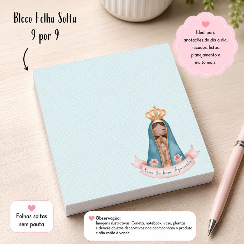 Kit 3 Blocos Folhas Soltas Nossa Senhora Aparecida 9cm por 9cm. Papelaria