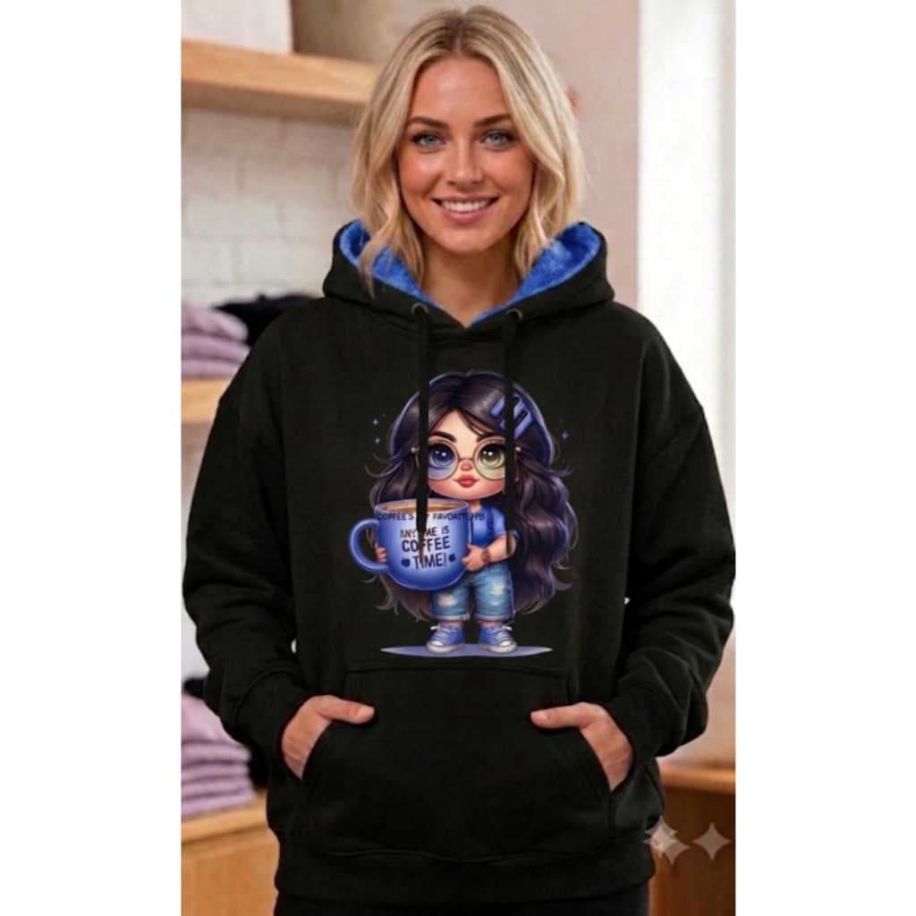 Moletom Feminino Inverno Capuz Bolso Canguru Estampa Coffee Time