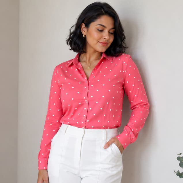 Camisa Social Feminina Estampa Coração Tecido Leve Casual