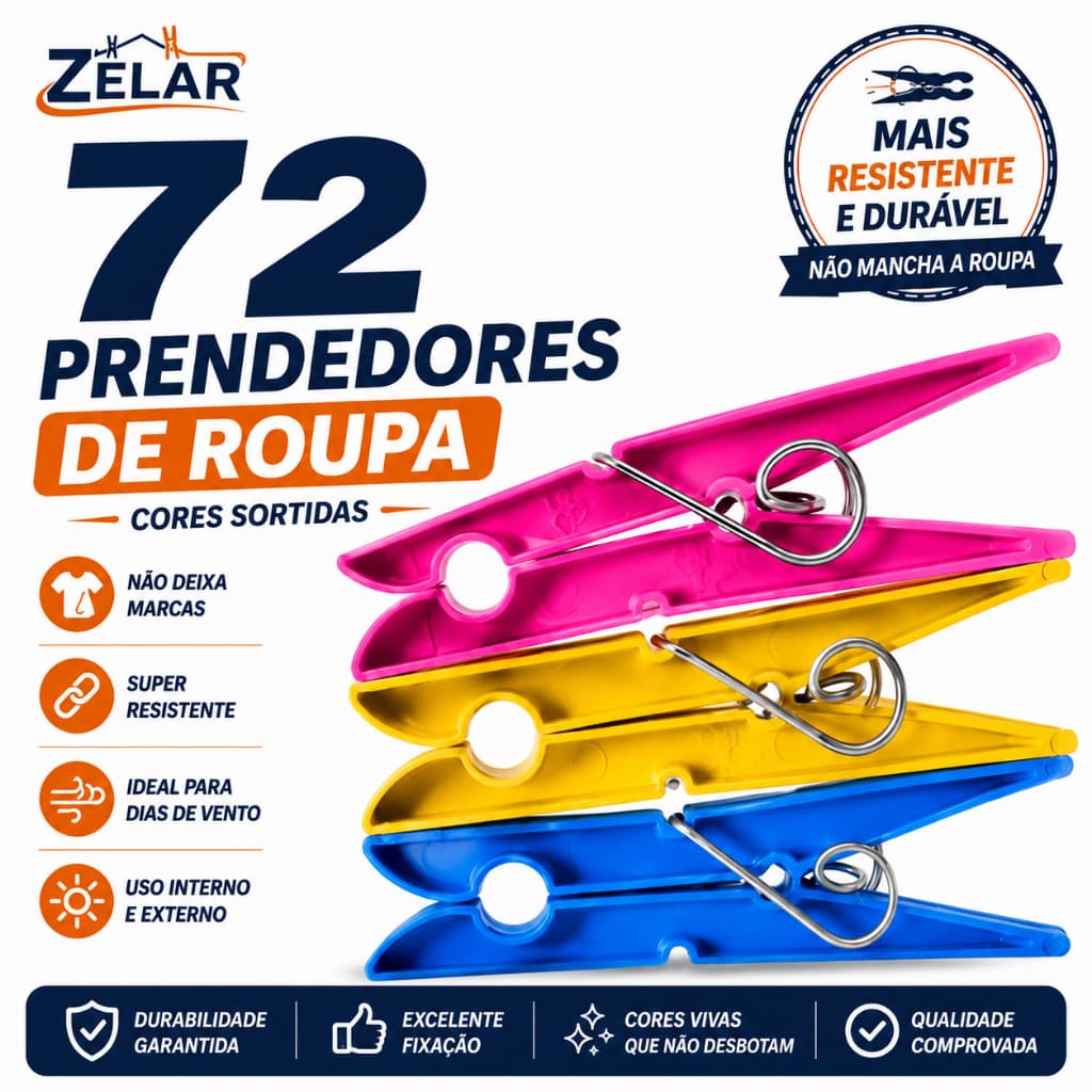 KIT 72 Unidades Pregador Prendedores Grande de Roupa em Plástico Reforçado - Varal mola Reforçada