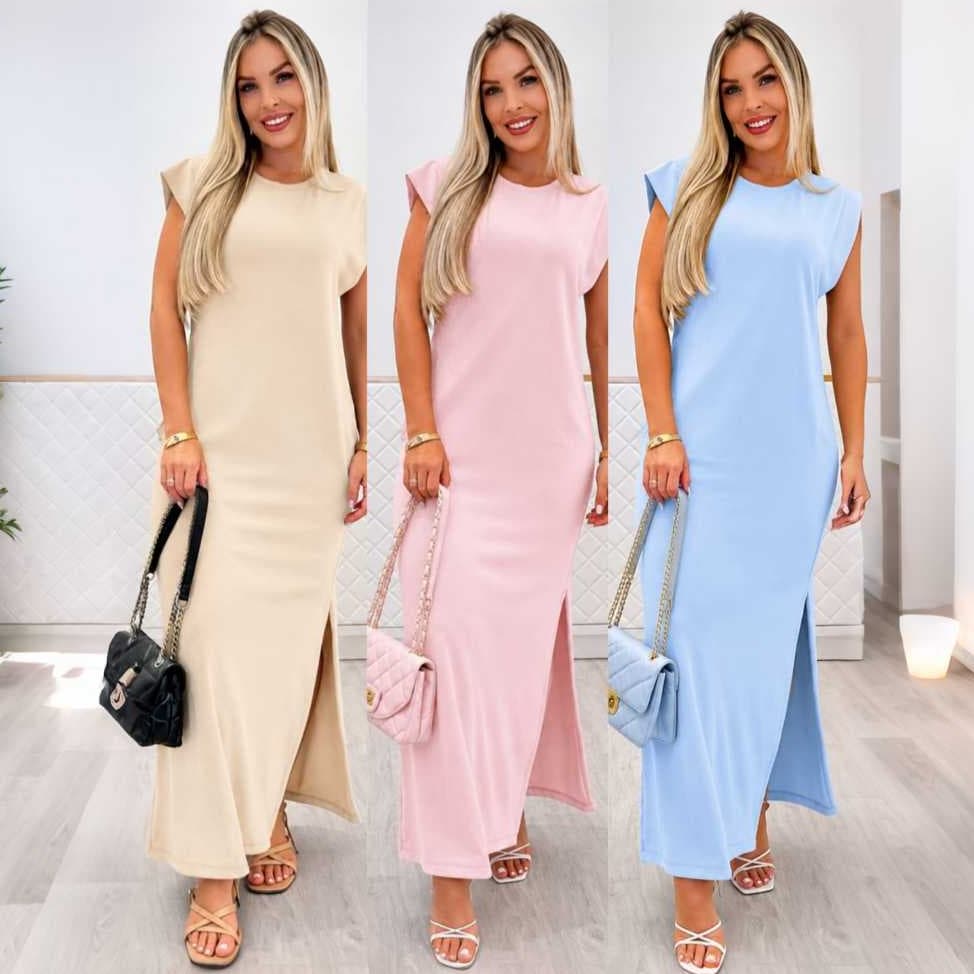 Vestido Longo Casual Básico Feminino Tecido  Ribana Canelada Manga Muscle Moda Gringa