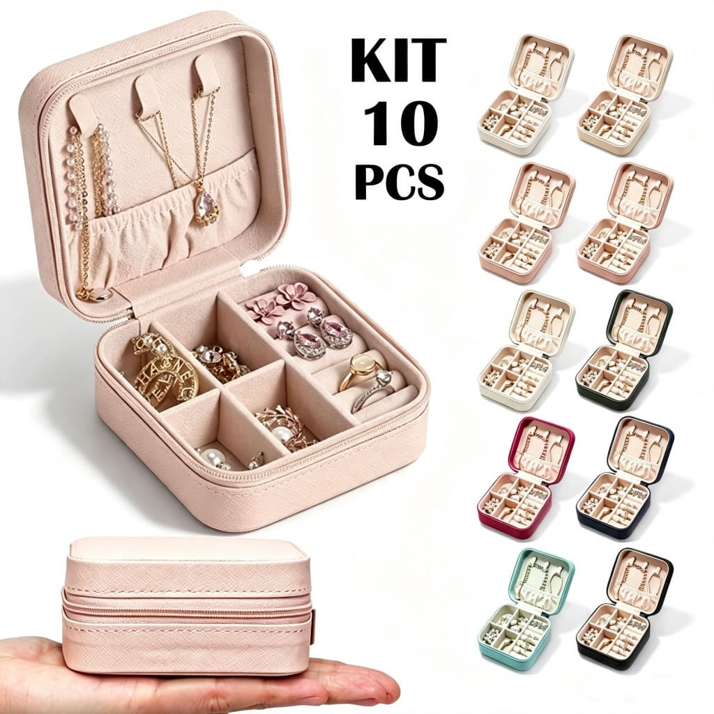 Kit 10 Porta Jóias Portátil de Bolsa com Divisões caixa de armazenamento para Brincos Colares