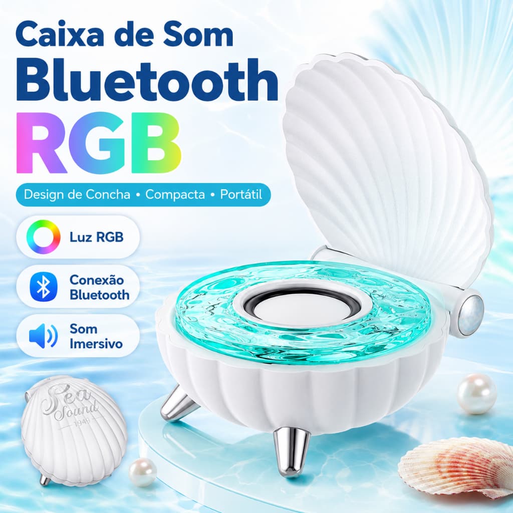 Caixa de Som Bluetooth RGB em Formato de Concha Portátil com Luz LED USB-C para Quarto e Presente