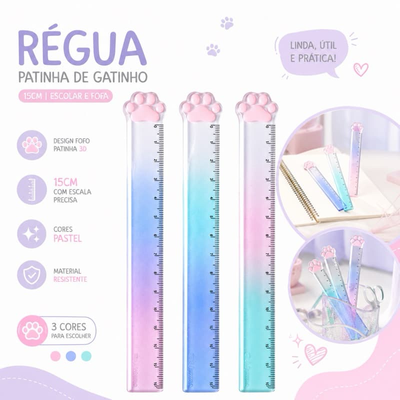 Régua Patinha de Gato 15cm Transparente com Glitter Kawaii Escolar Fofa Twingo