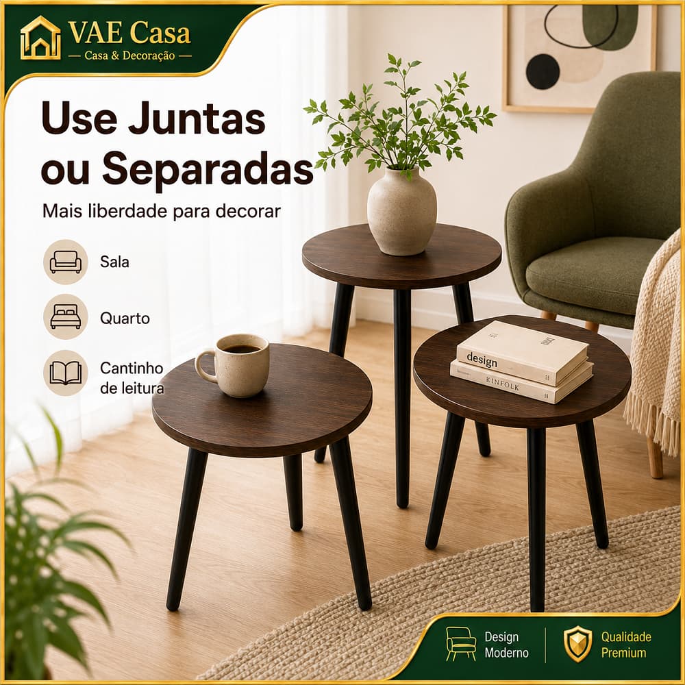 Conjunto 3 Mesas De Centro Redondas Diâmetro 40cm, Tampo Marrom E Pernas Pretas, Modelo Empilhável Para Sala De Estar
