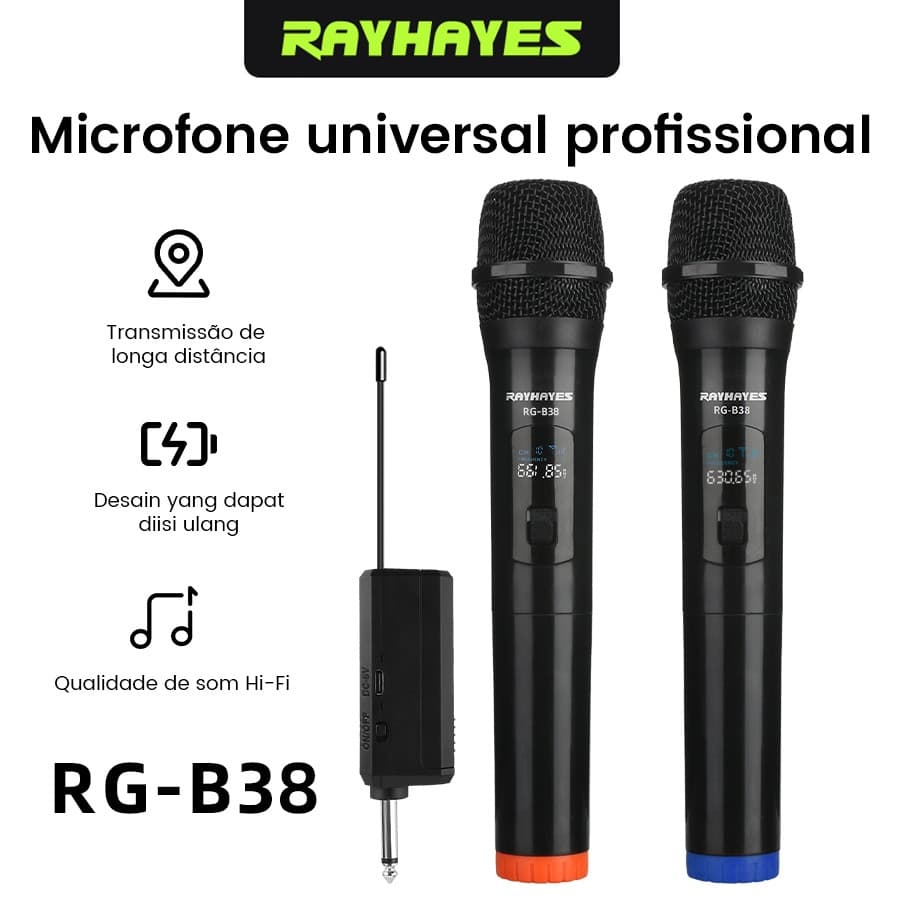 RAYHAYES RG-B38 Sistema Microfone UHF Sem Fio Tela Digital Captação HD Baixo Consumo Energético Para Karaokê Igreja