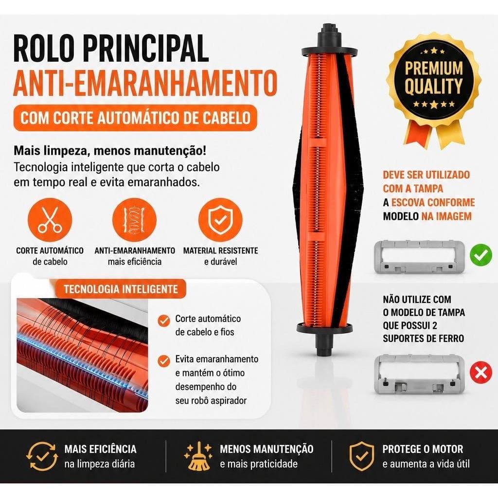 Rolo Escova Anti Emaranhamento 210mm Para Robô Aspirador com Corte Automático de Cabelo