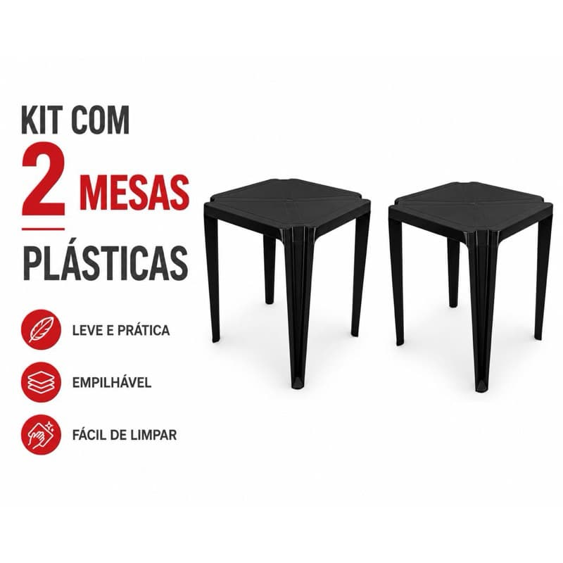 Kit 2 Mesas Plásticas Monobloco Empilháveis Preta Bar Restaurante Varanda Piscina Lanchonetes Eventos Condomínio