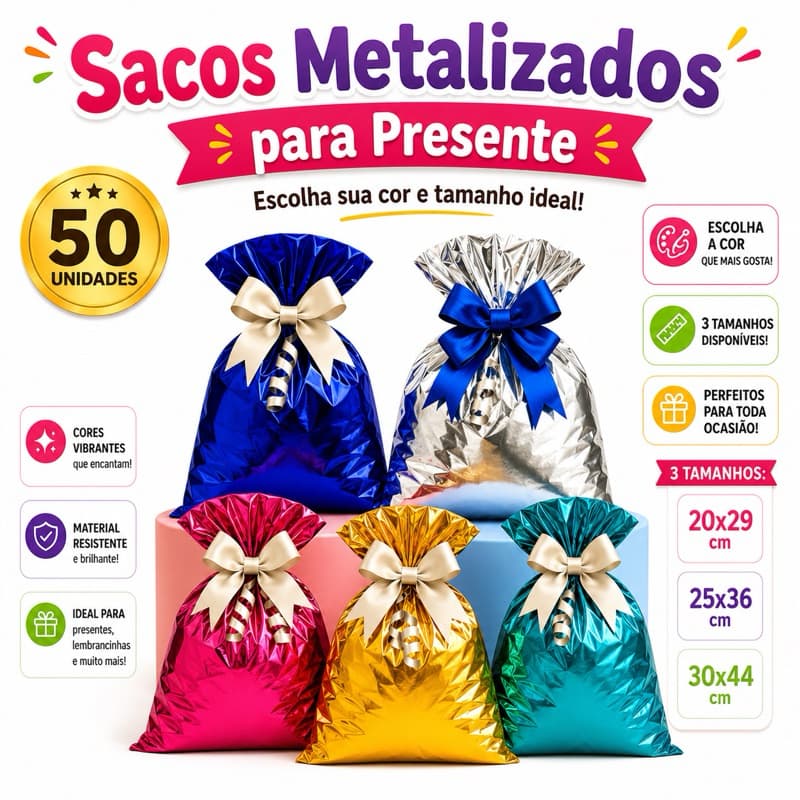 Sacos Presente Metalizados - Embalagem | Escolha a cor e tamanho | Lembrancinha Festa Luxo Premium Brilho Cores