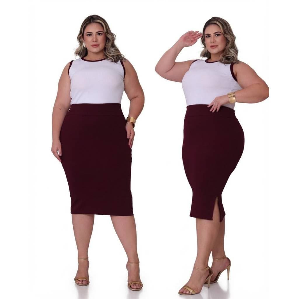 Conjunto Feminino Plus Size Saia Midi Regata Cropped Canelado Tendência Elegante Moda Plus GG G1 G2