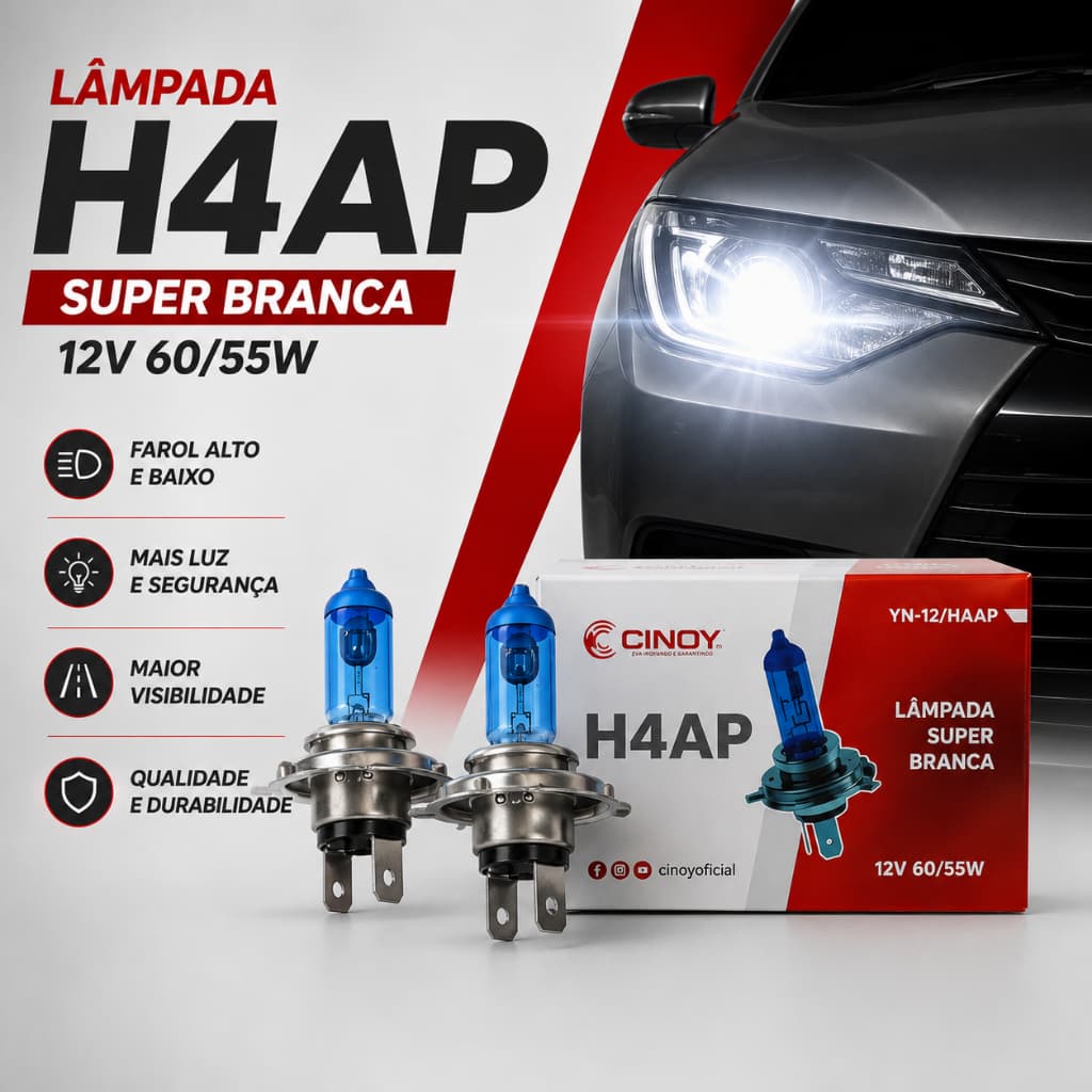 Par Lâmpada H4 Super Branca Efeito Xenon 8500K Cinoy Farol Encaixe Padrão