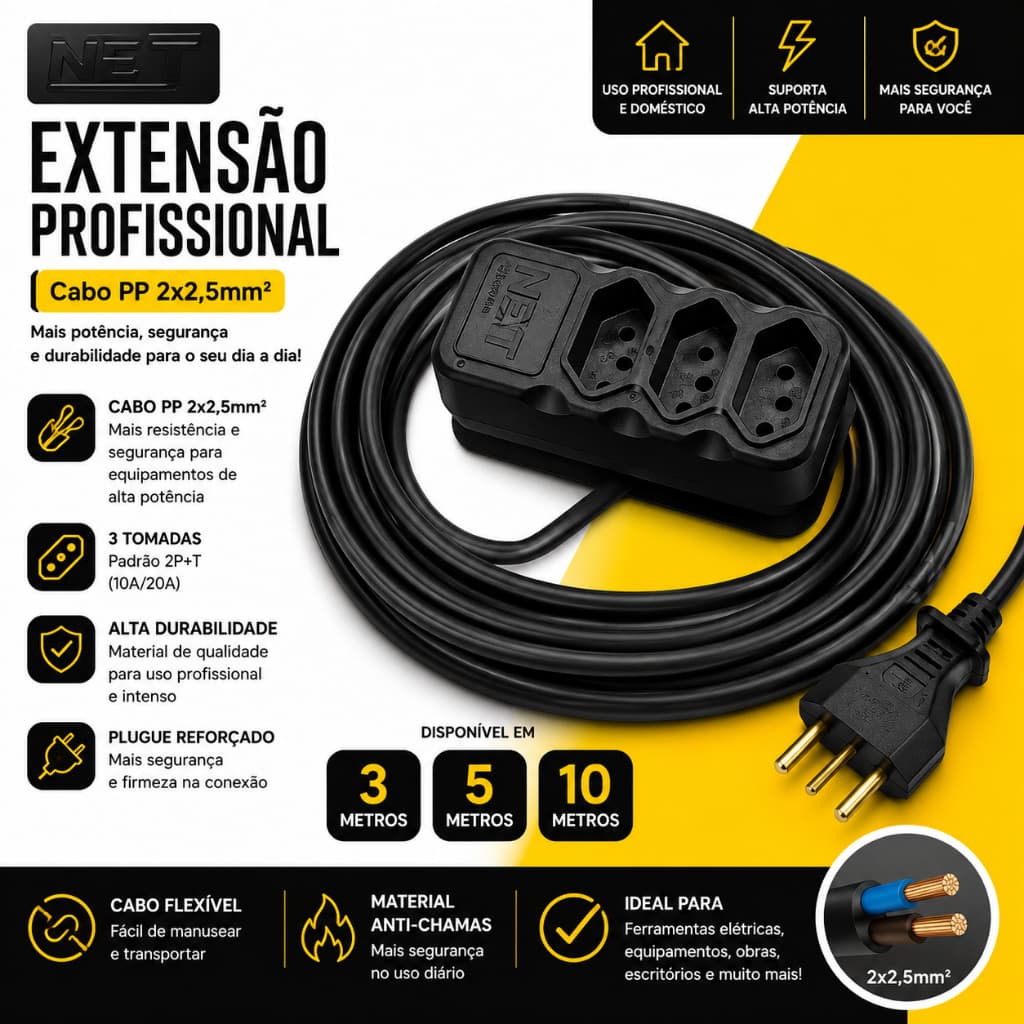 Extensão Profissional Cabo PP 2x2,5mm 3, 5 ou 10 Metros 3 Tomadas 2P+T Bivolt Alta Potência