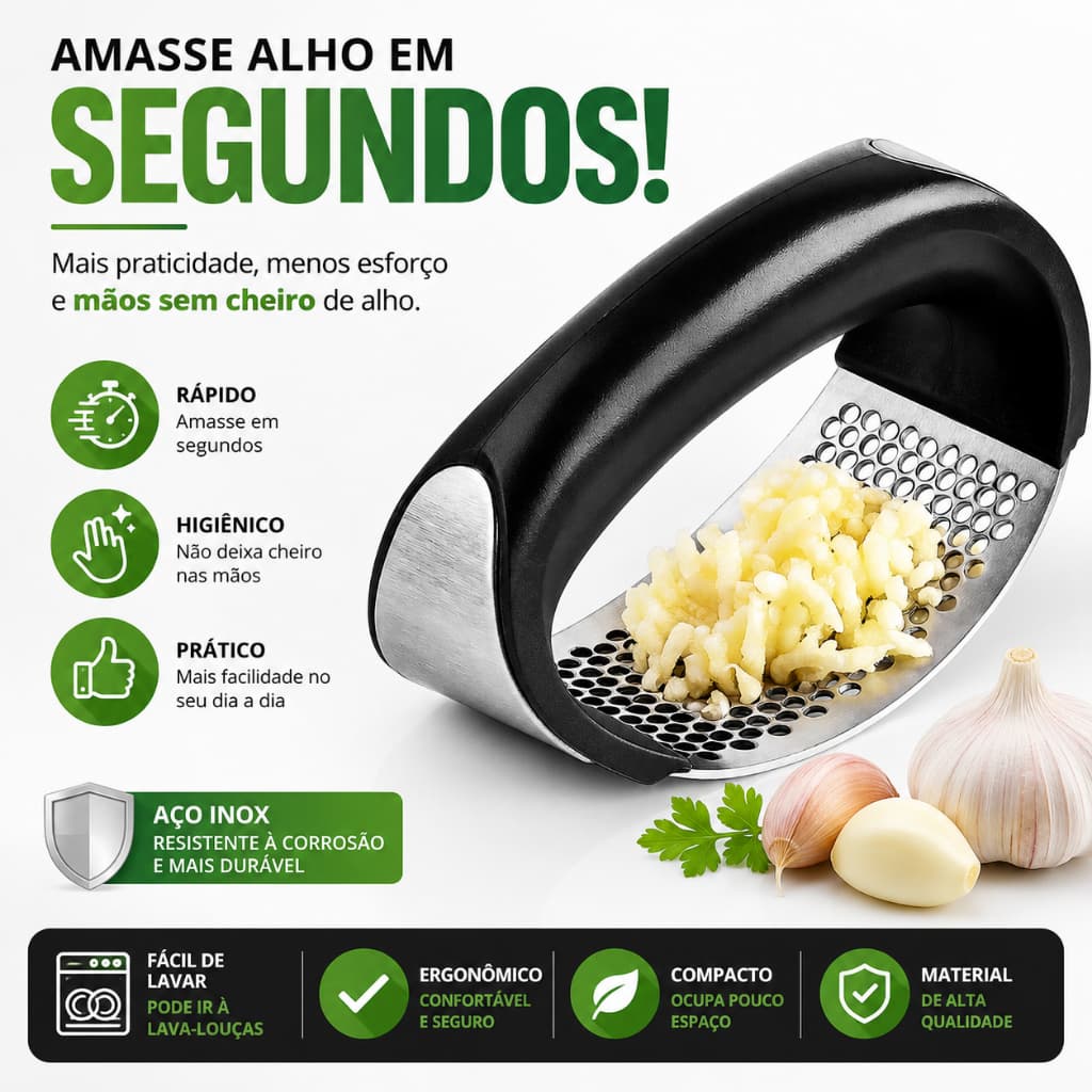 Espremedor de Alho Aço Inox Amassador Manual Ergonômico Triturador de Alho Resistente Fácil de Limpar