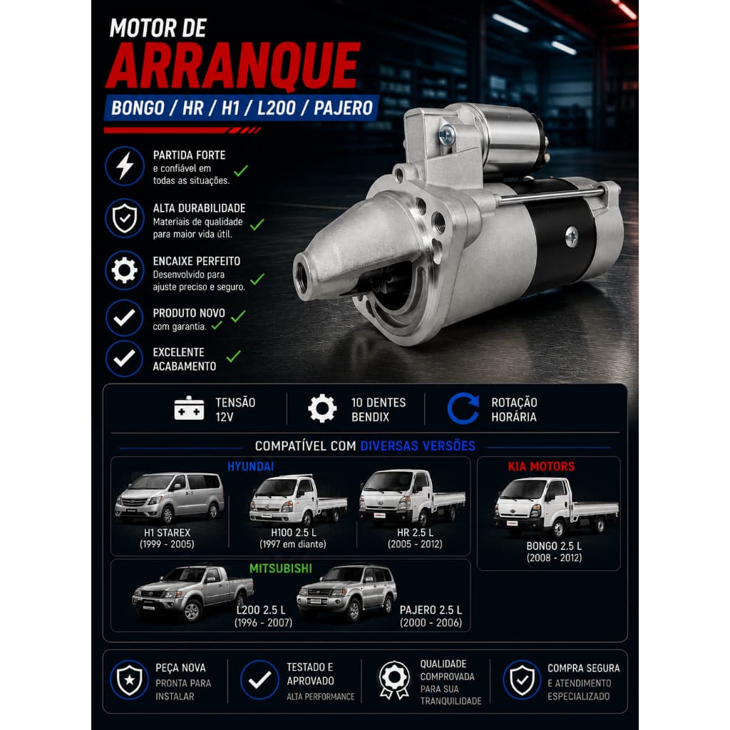 Motor Partida Arranque Hyundai HR Kia Bongo K2500 L200 Pajero 2.5 Diesel