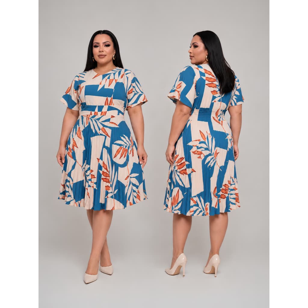 Vestido Plus Size Midi Feminino Plissado Manga Ampla Flare Duna Estampado Moda Evangélica Casual Premium