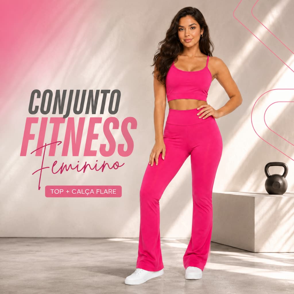 Conjunto Fitness Rosa Feminino Calça Legging Flare e Top Treino Perfeito Para Academia