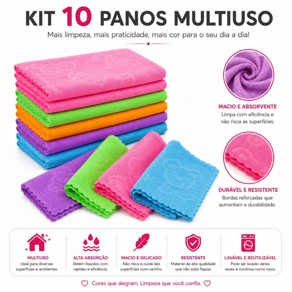 Kit 10 Panos Multiuso Para Limpeza Microfibra Alta Absorção Não Risca