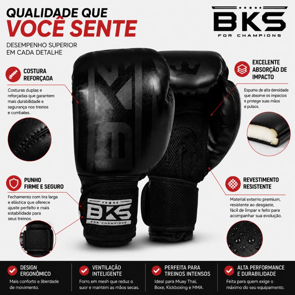 Luva Boxe BKS Treino Sparring 8/10/12/14/16oz Kickboxing Muay Thai Profissional Academia