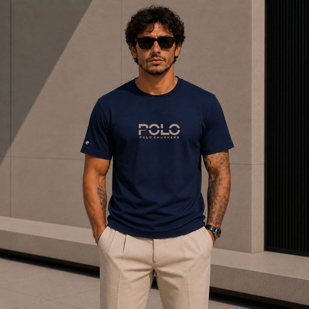 Camiseta camisa masculina manga curta Polo Chukkers estampa cavalo 100% Algodão Premium azul marinho POLO