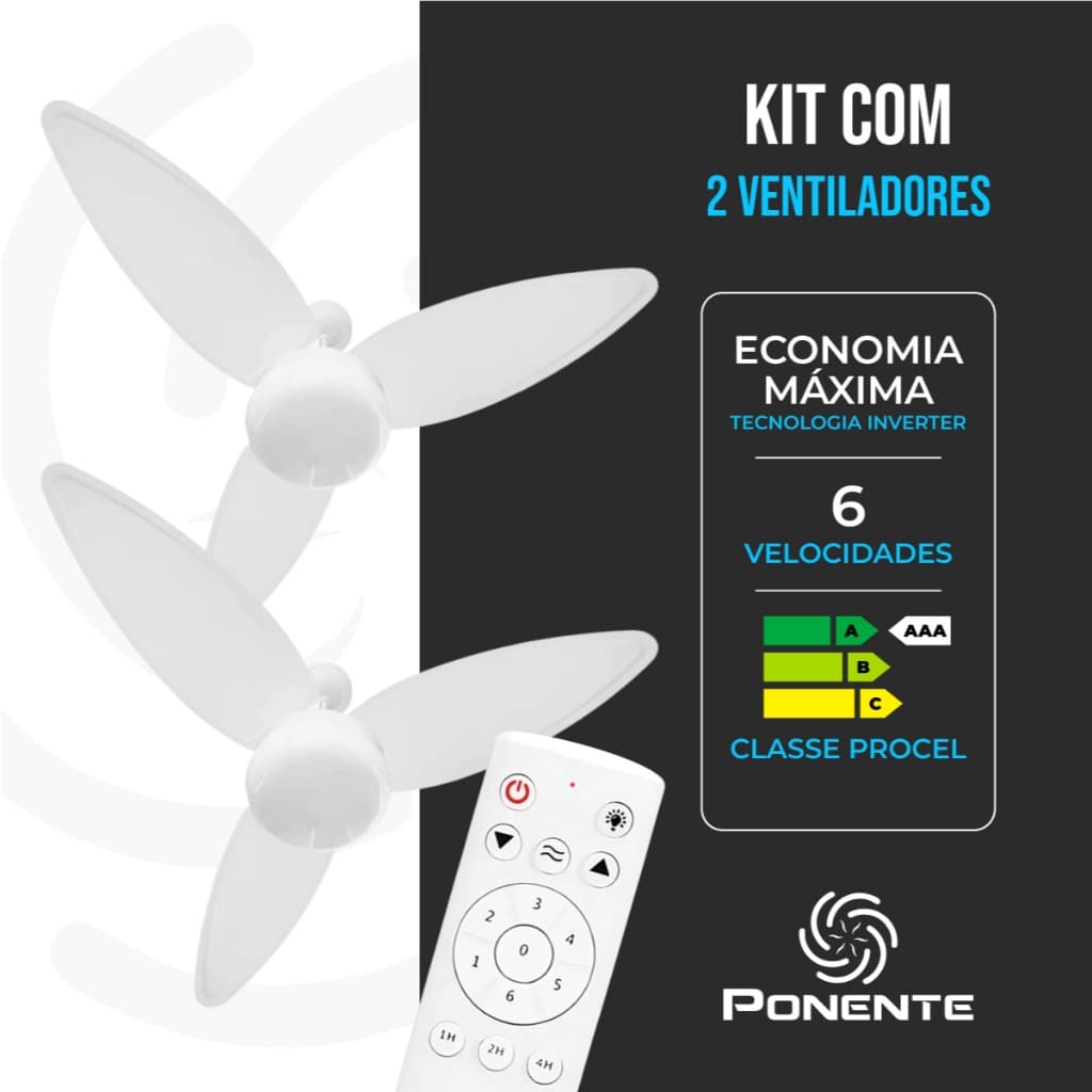 Kit com 2 Ventiladores de Teto Ponente Motor Inverter Controle Remoto Bivolt Zonda 6 Velocidades