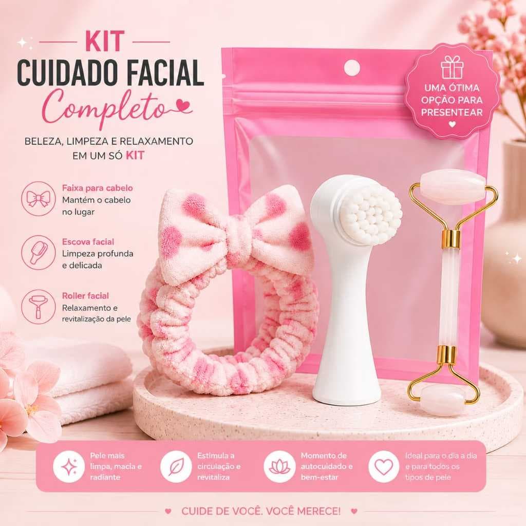 Kit 3 Acessorios para Skin Care - Faixa de Cabelo, Escova de limpeza Facial e Roller Massageador