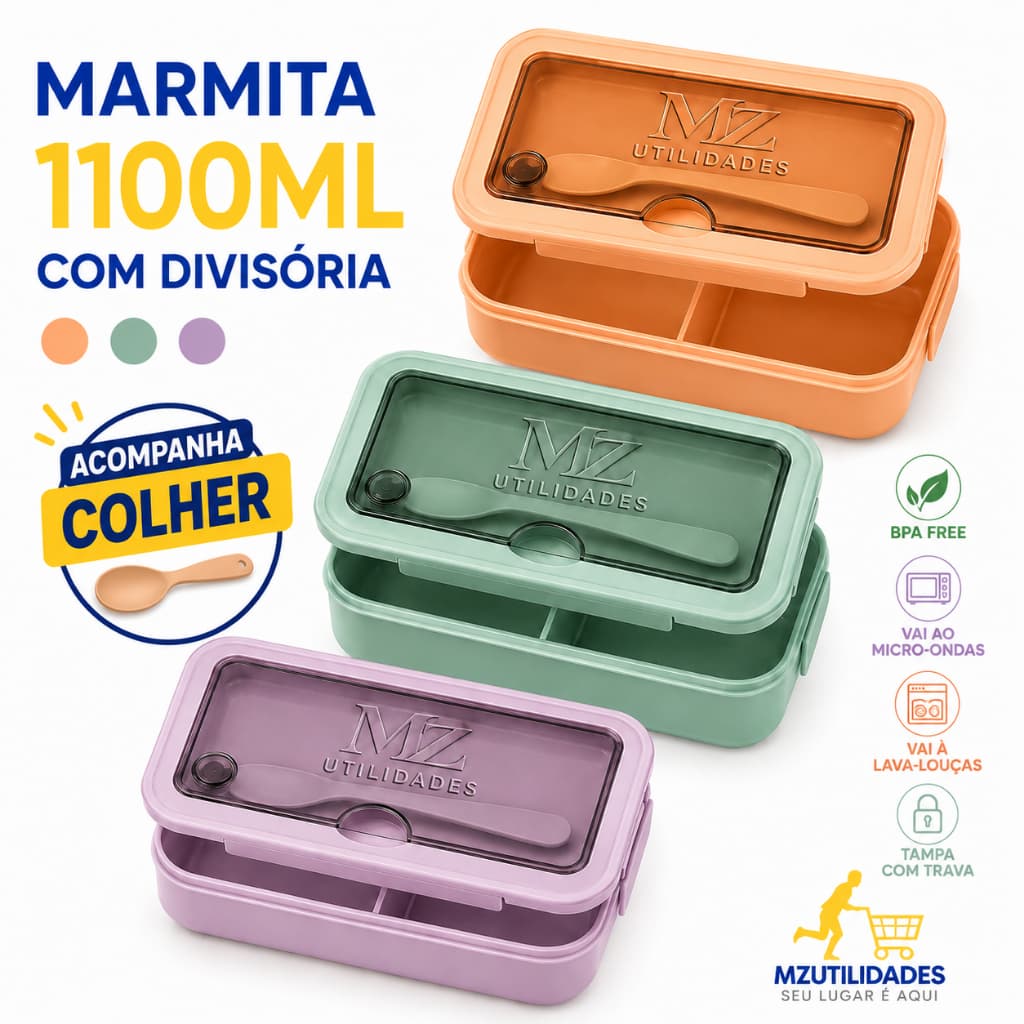Marmita 1100ml Pote Hermético Lancheira Fitness Divisória Colher BPA Free Microondas