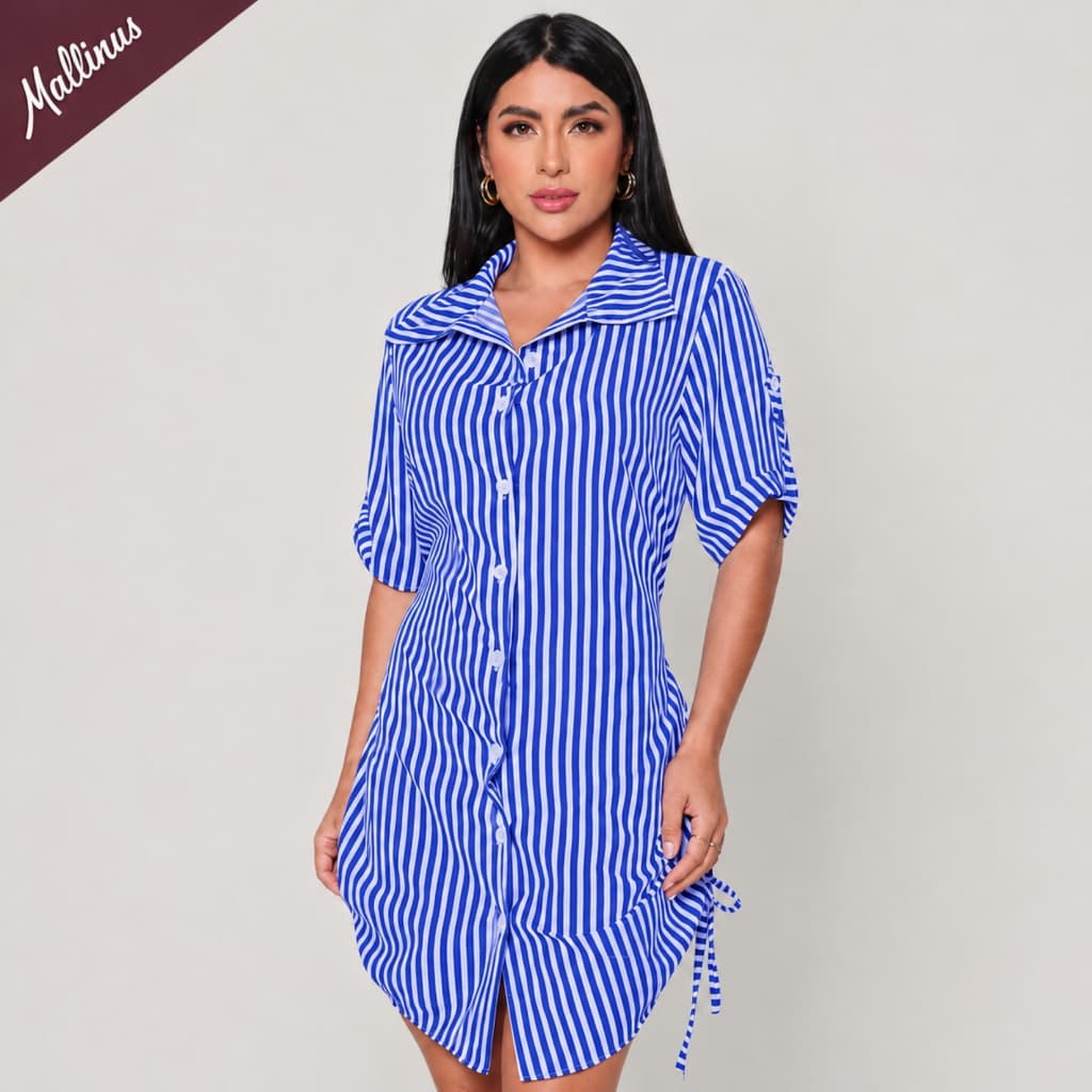 Vestido Chemise Feminino Listrado Curto com Botões e Ajuste na Cintura