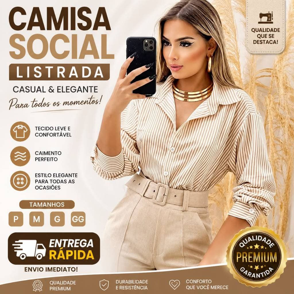 CAMISA SOCIAL COM MANGA LONGA LISTRADA CASUAL ENTREGA RAPIDO
