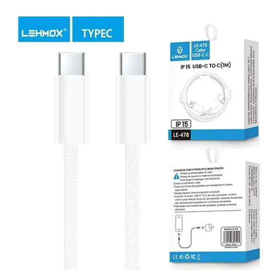 Cabo iPhone Samsung Type C - USB-C Lightning Nylon Trançado 1m Lehmox LE-478 Reforçado Envio Rápido