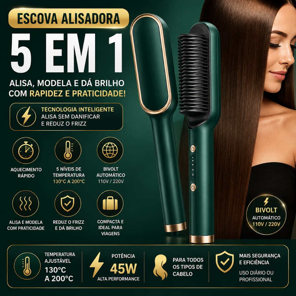 Escova Alisadora Elétrica Bivolt 5 em 1 Temperatura Ajustável 130°C a 200°C Verde