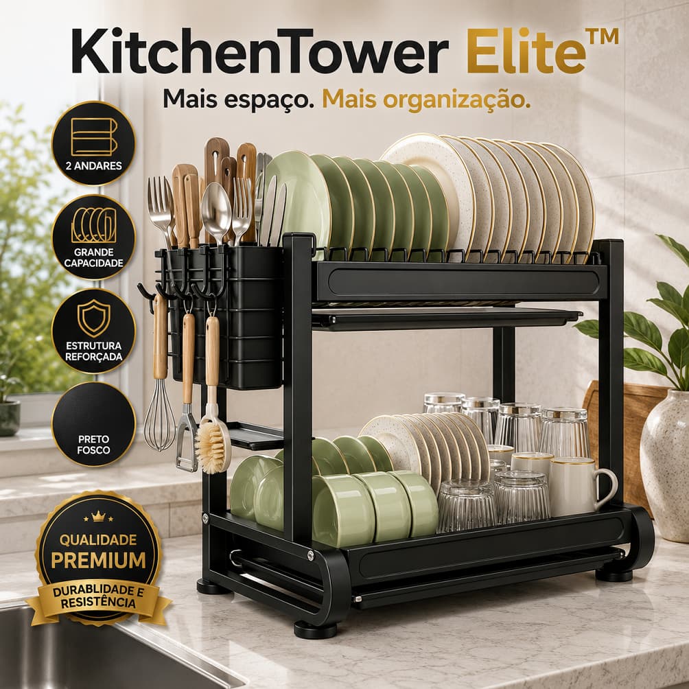Escorredor de Louças 2 Andares Preto Fosco Organizador de Pia Porta Talheres KitchenTower Elite™