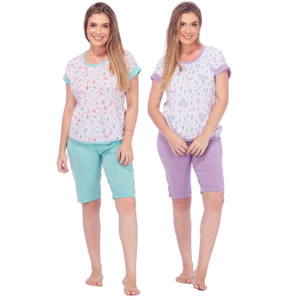 KIT 2 Pijamas Pescador Adulto Feminino Blusinha e Bermuda Capri Promoção