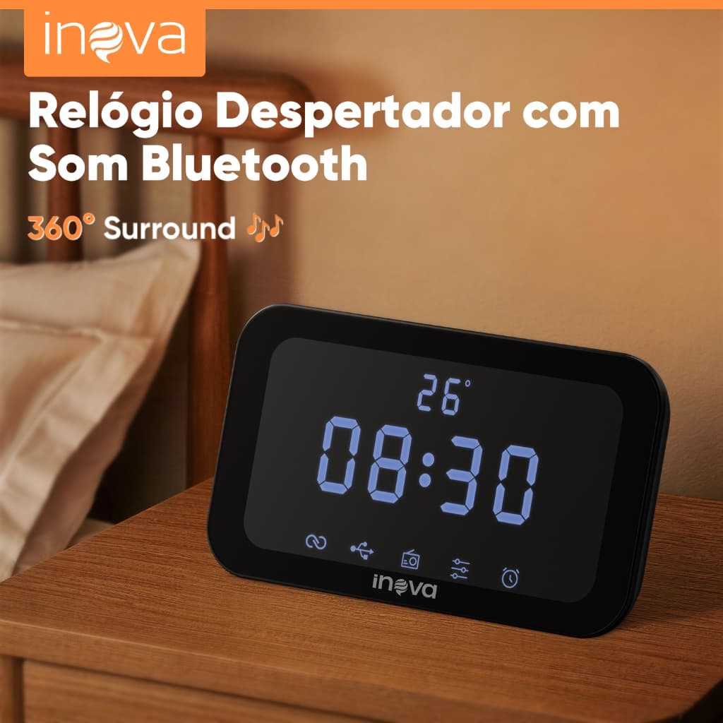 INOVA Caixa de Som Bluetooth Rádio Relógio IDALI LIFE 15W Despertador Digital LED FM USB Portátil