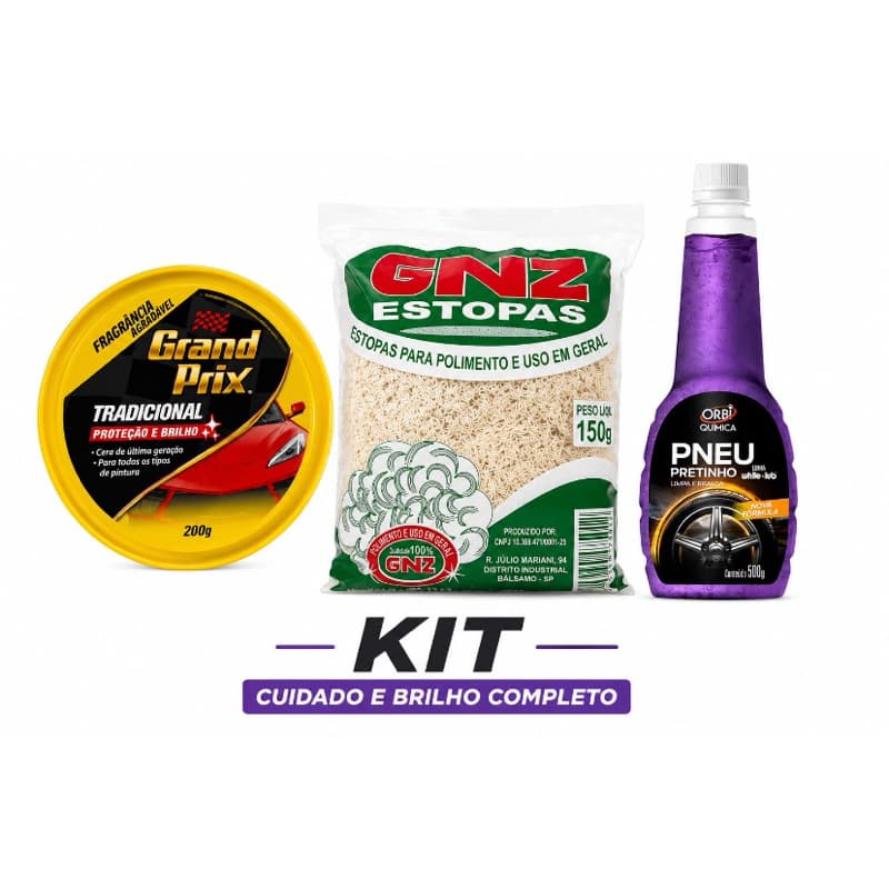 Kit Cuidado Automotivo – Cera Grand Prix + Pretinho de Pneu + Estopa para Polimento