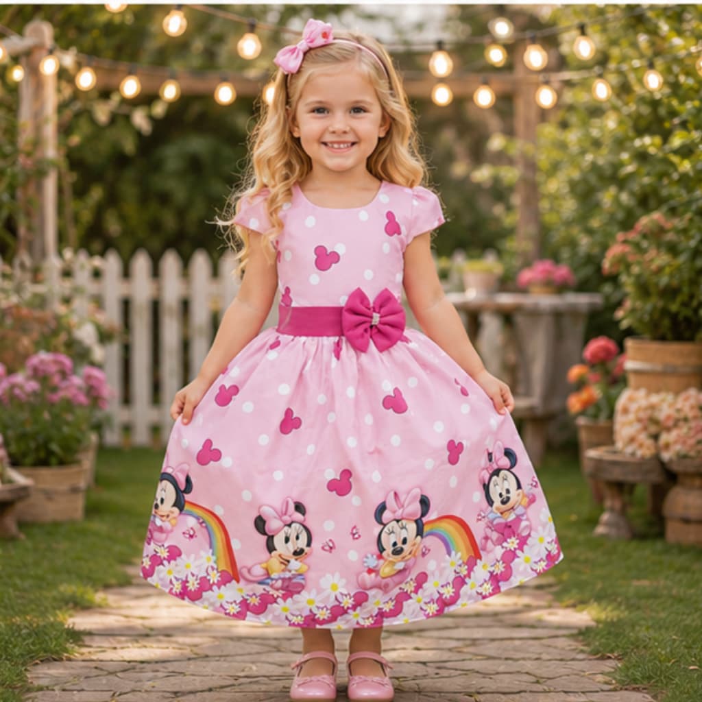 VESTIDO FESTA MINNIE ROSA COM LAÇOS INFANTIL MENINAS
