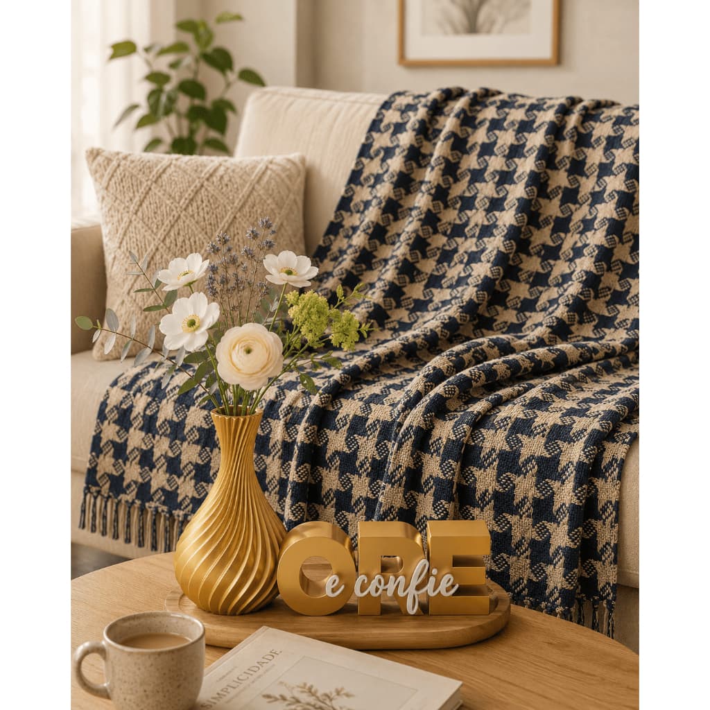 Kit Manta Decorativa 240x180cm 100% Algodão + Ore e Confie 3D + Vaso Dourado Decoração Sala Quarto Presente