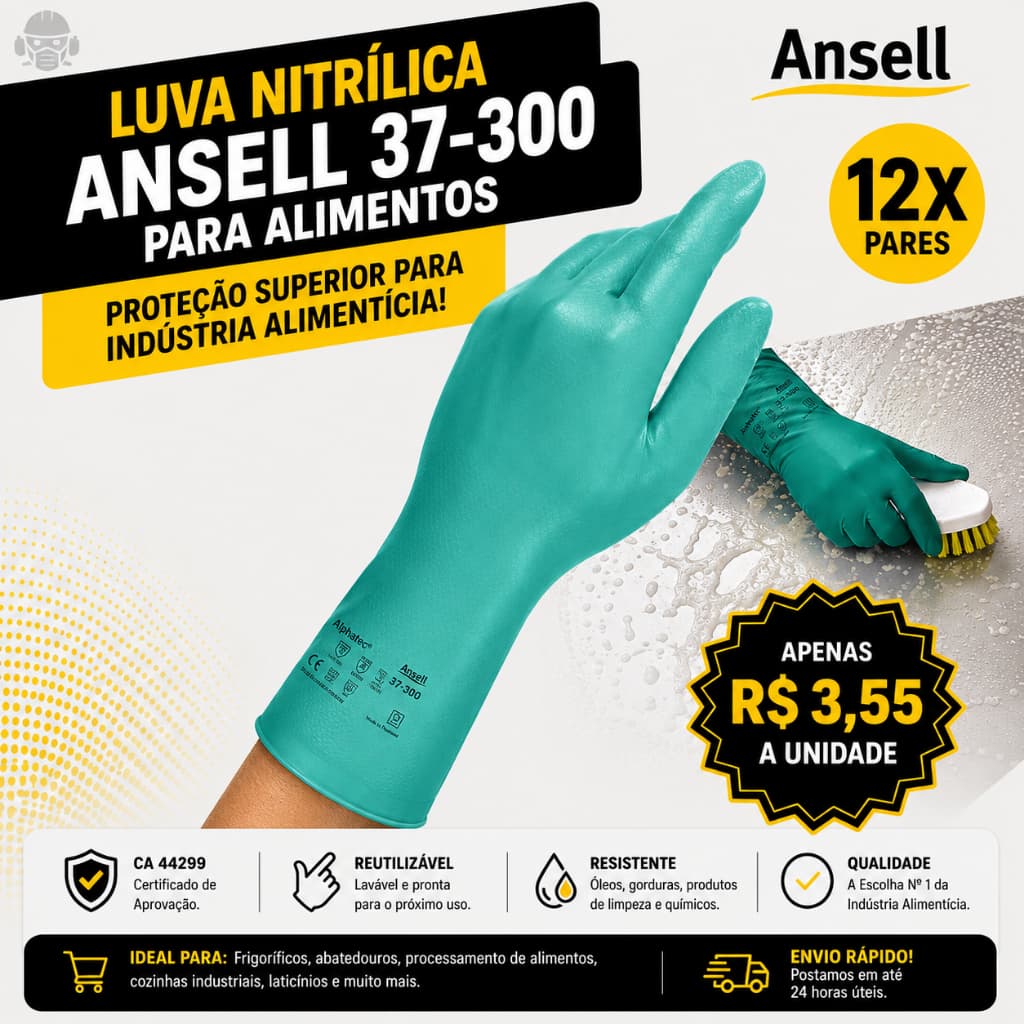 Kit 12 Pares de Luva Ansell Nitrílica 37-300 Para Alimentos CA 44299