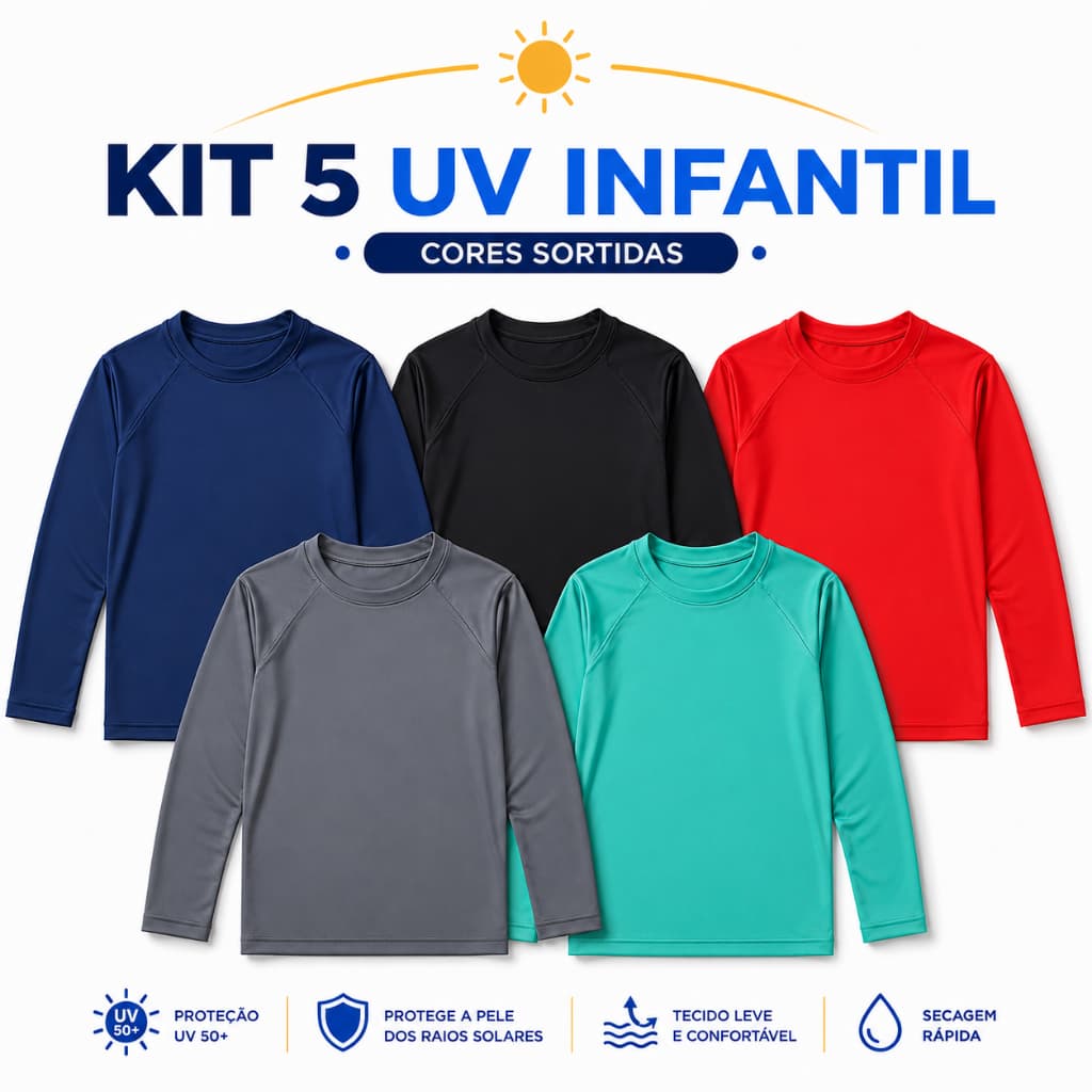 Kit 5 Camisas UV Infantil Manga Longa Cores Sortidas Proteçao Termica Praia Piscina