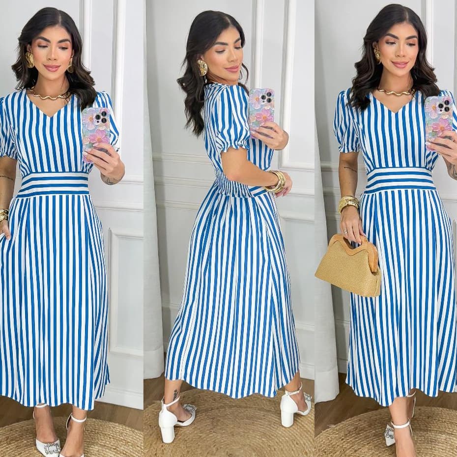 Vestido Midi Feminino Elegante Listrada – Manga Princesa, Decote V, Casual e Confortável