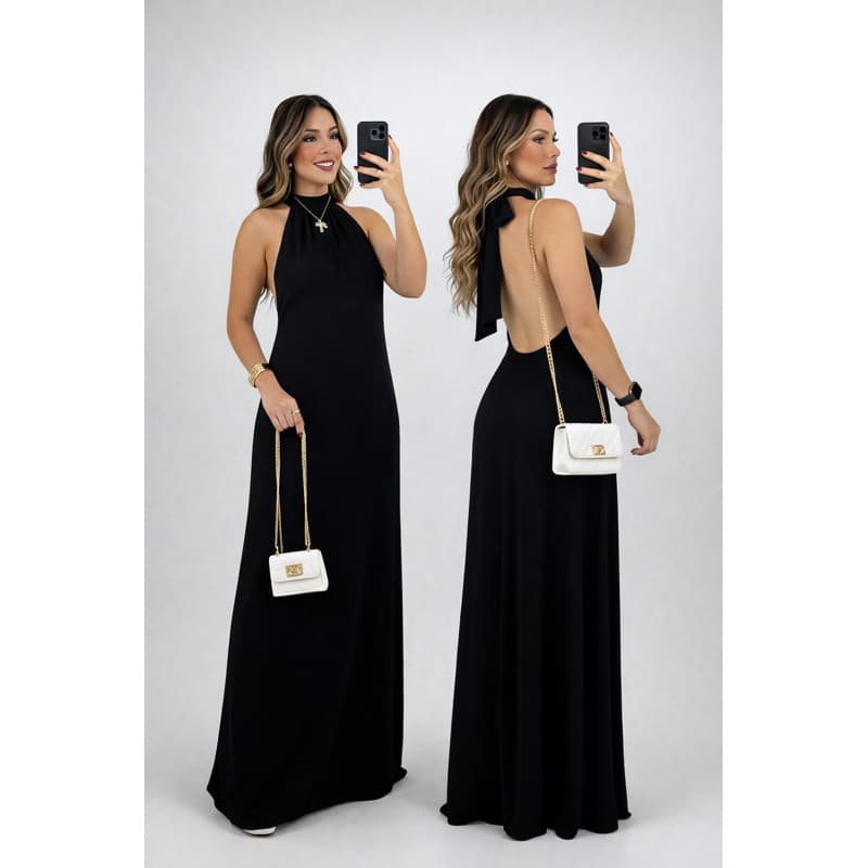 Vestido Longo Feminino Gola Alta Frente Única Costas Nuas Soltinho Elegante Verão Crepe Dunas