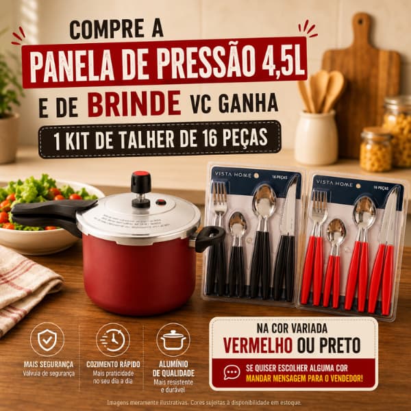 Kit Panela de Pressão 4,5L Alumínio 3 Sistemas de Segurança + Talheres 16 Peças Brinde