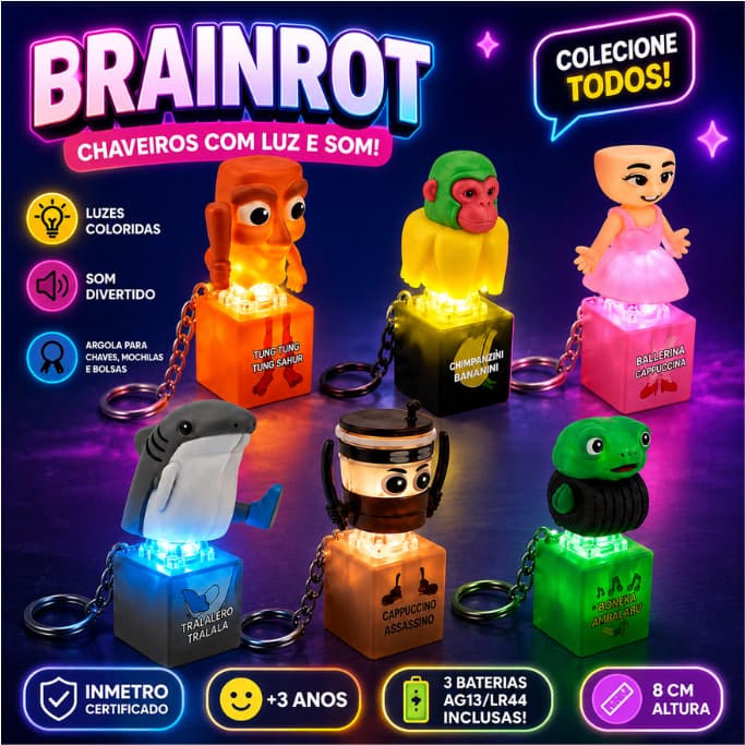 Chaveiro Brainrot Com Luz e Som Personagens Sortidos Brinquedo Infantil LED Mochila Bolsa Roube breinrot Roblox