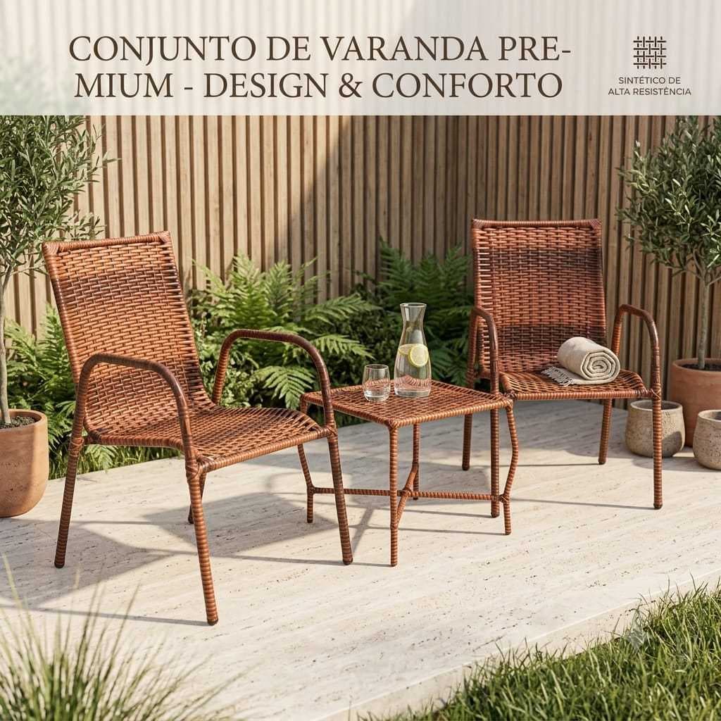 Kit Jogo De Cadeiras E Mesinha De Centro Fibra Sintetica Premium Para Varanda,Jardim,Piscina E Area Externa