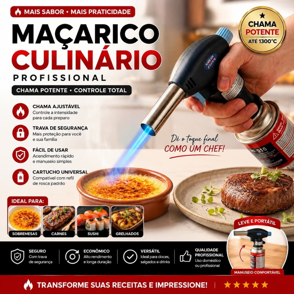 Maçarico Culinário Portátil Controle Manual Azul Profissional