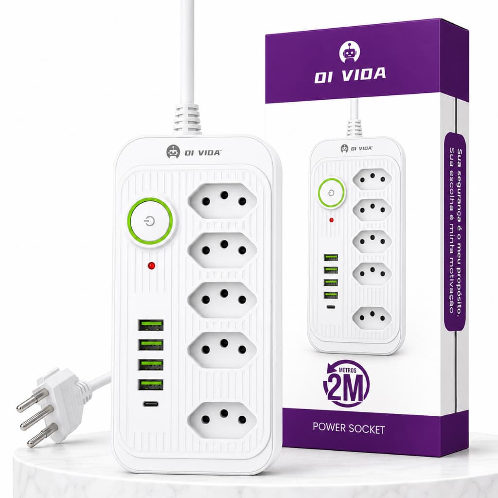 Extensão Elétrica Régua 5 Tomadas + USB + USB-C Anti Raio e Proteção contra Sobrecarga