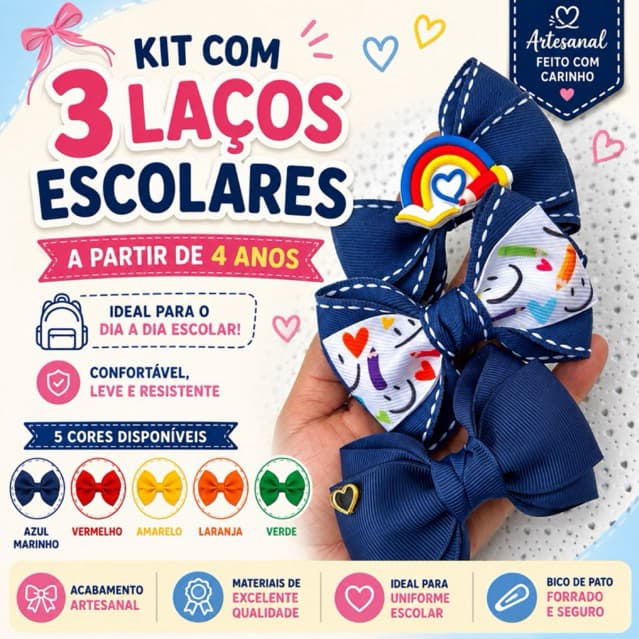 Kit 3 Laços Escolar Infantil Menina Bico De Pato Laço De Cabelo Volta As Aulas