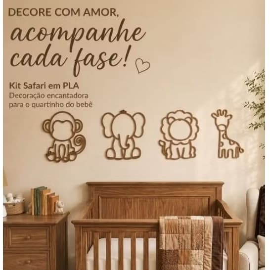 Kit Safari Decoração Quarto Infantil Minimalista 3D para Parede Leão Elefante Girafa Macaco
