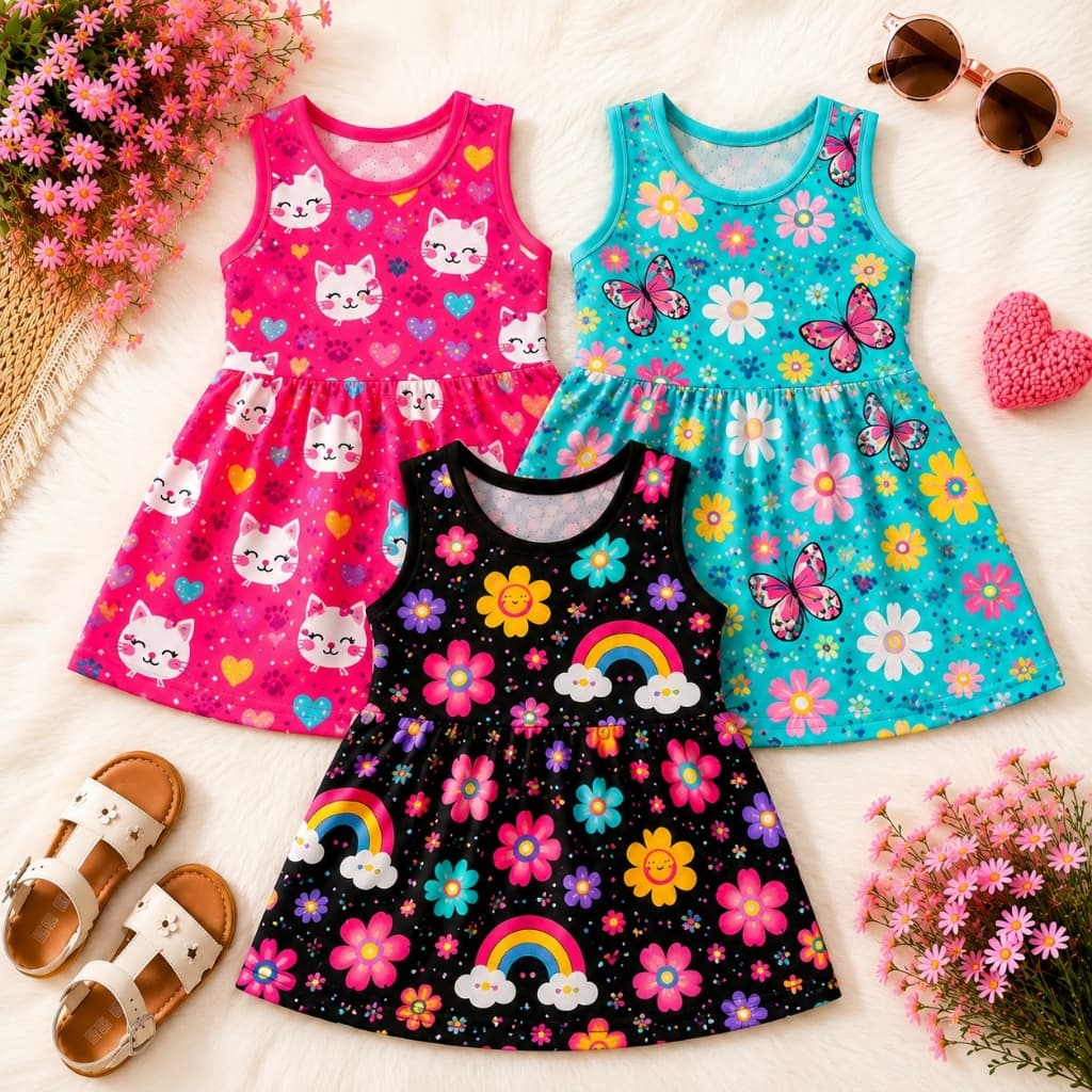 Kit 2 Vestidos Infantil Menina Suplex Estampado Casual Verão Roupa Feminina ENVIO ESTAMPAS SORTIDAS